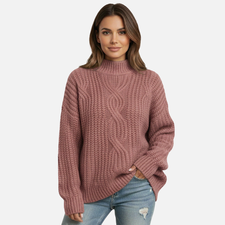 Textured Knit Sweater with Ribbed High Neckline for Women