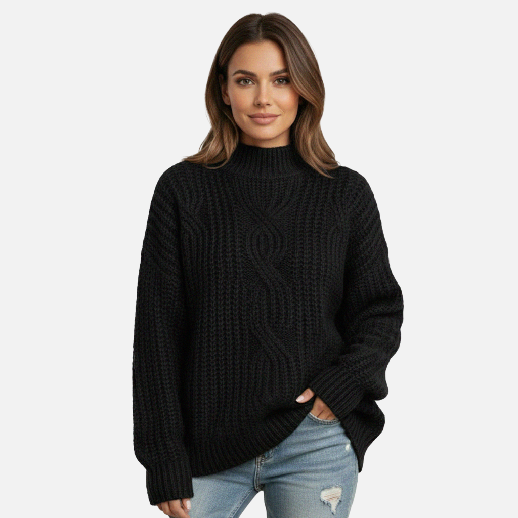 Textured Knit Sweater with Ribbed High Neckline for Women