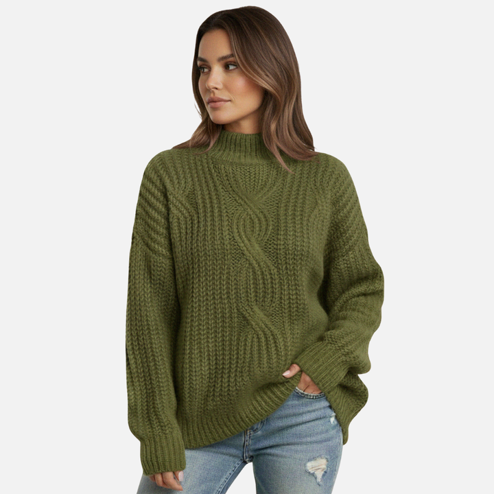 Textured Knit Sweater with Ribbed High Neckline for Women