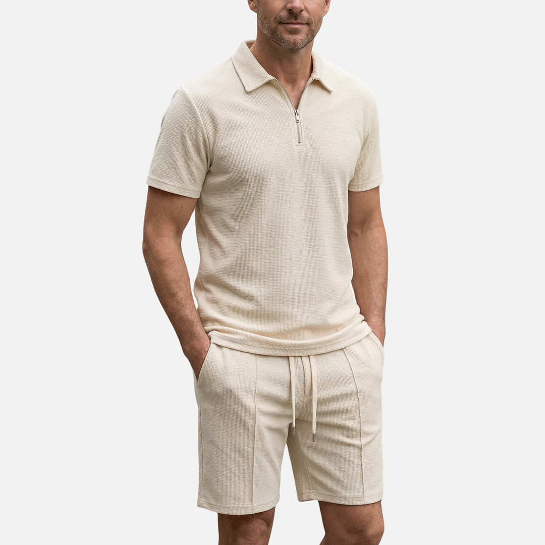 Textured Quarter-Zip Polo Set – Lightweight Summer Shorts for Men