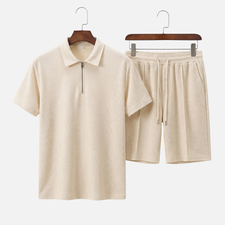 Textured Quarter-Zip Polo Set – Lightweight Summer Shorts for Men