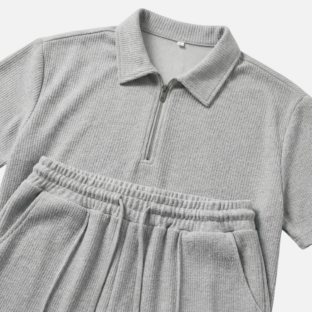 Textured Quarter-Zip Polo Set – Lightweight Summer Shorts for Men
