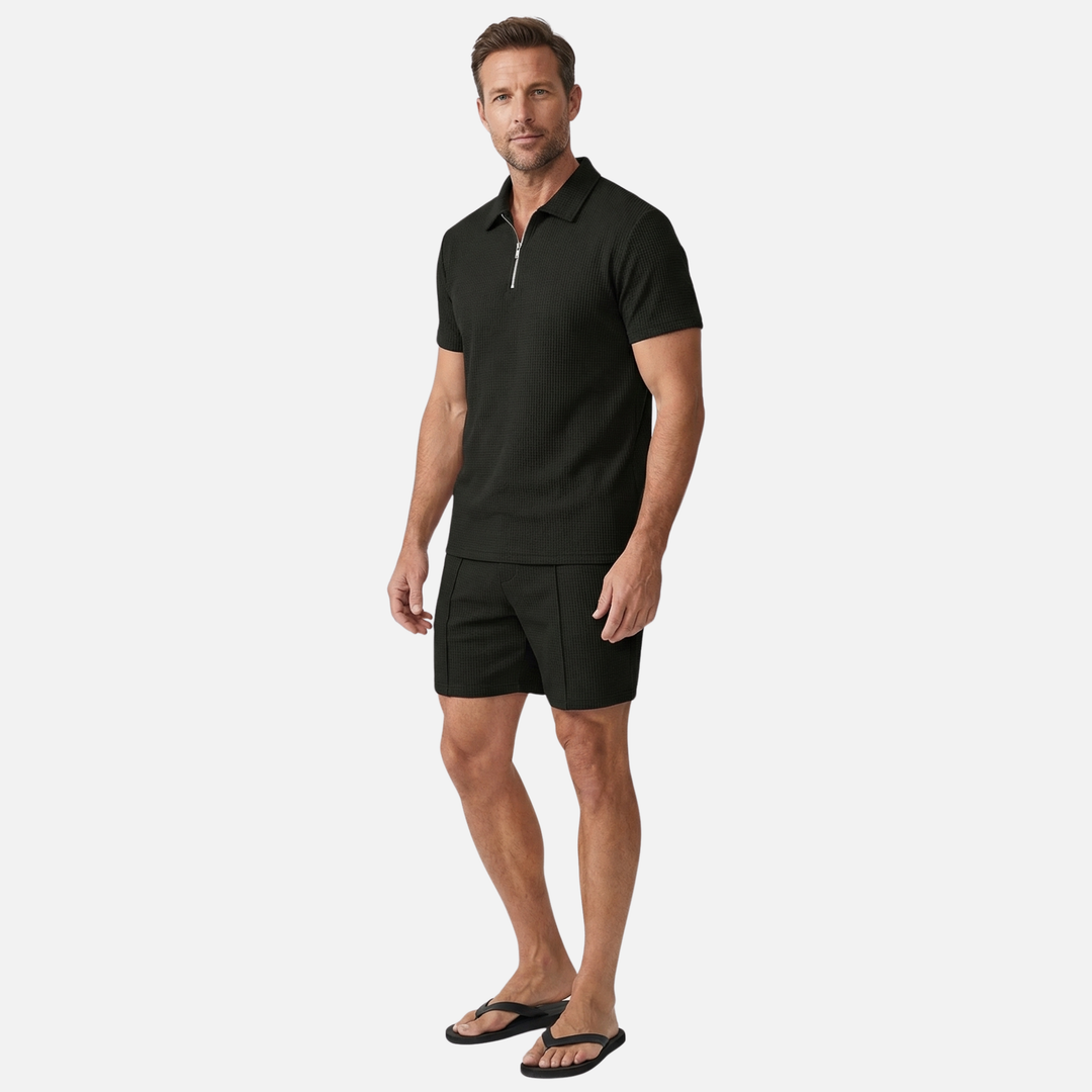 Textured Quarter-Zip Polo Set – Lightweight Summer Shorts for Men