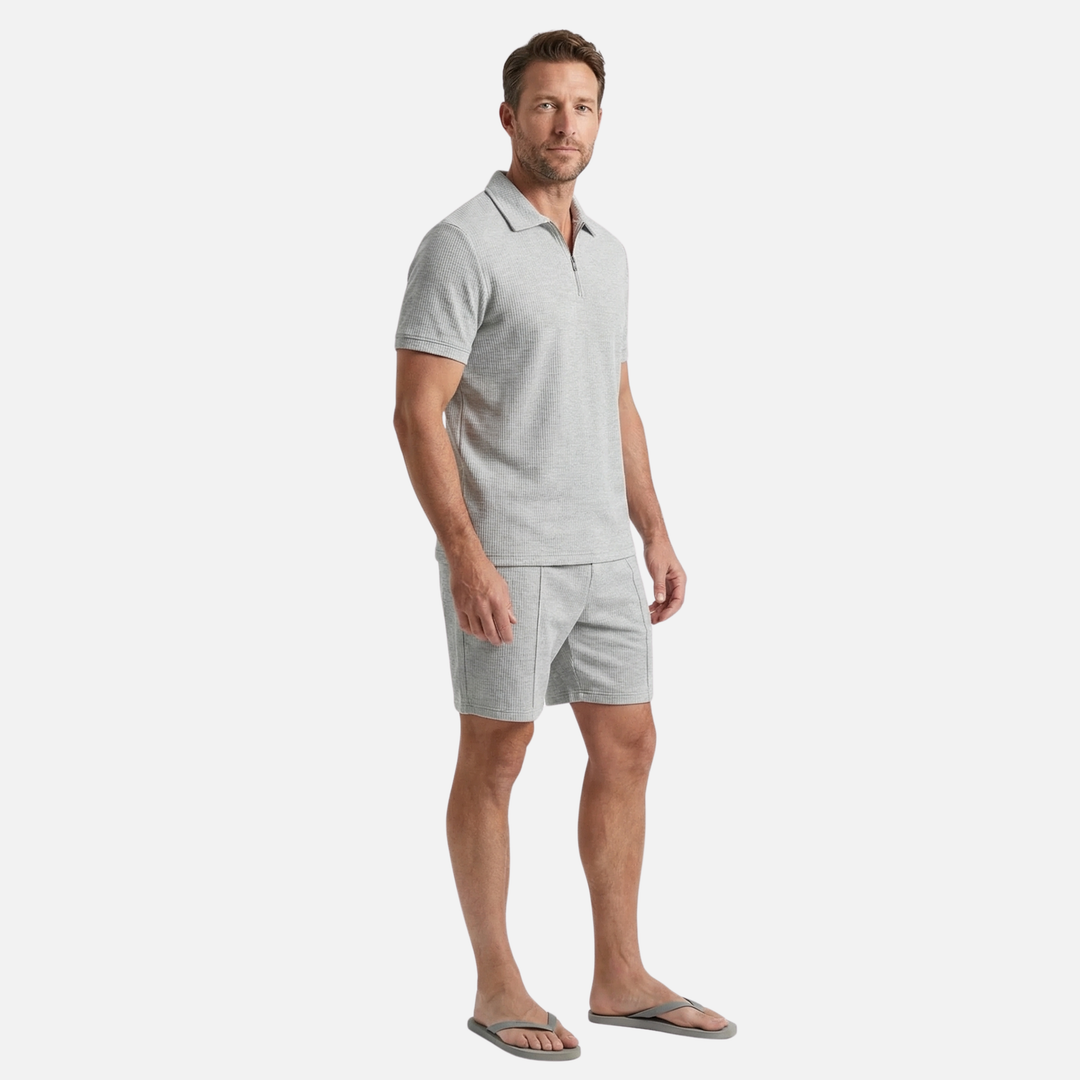 Textured Quarter-Zip Polo Set – Lightweight Summer Shorts for Men