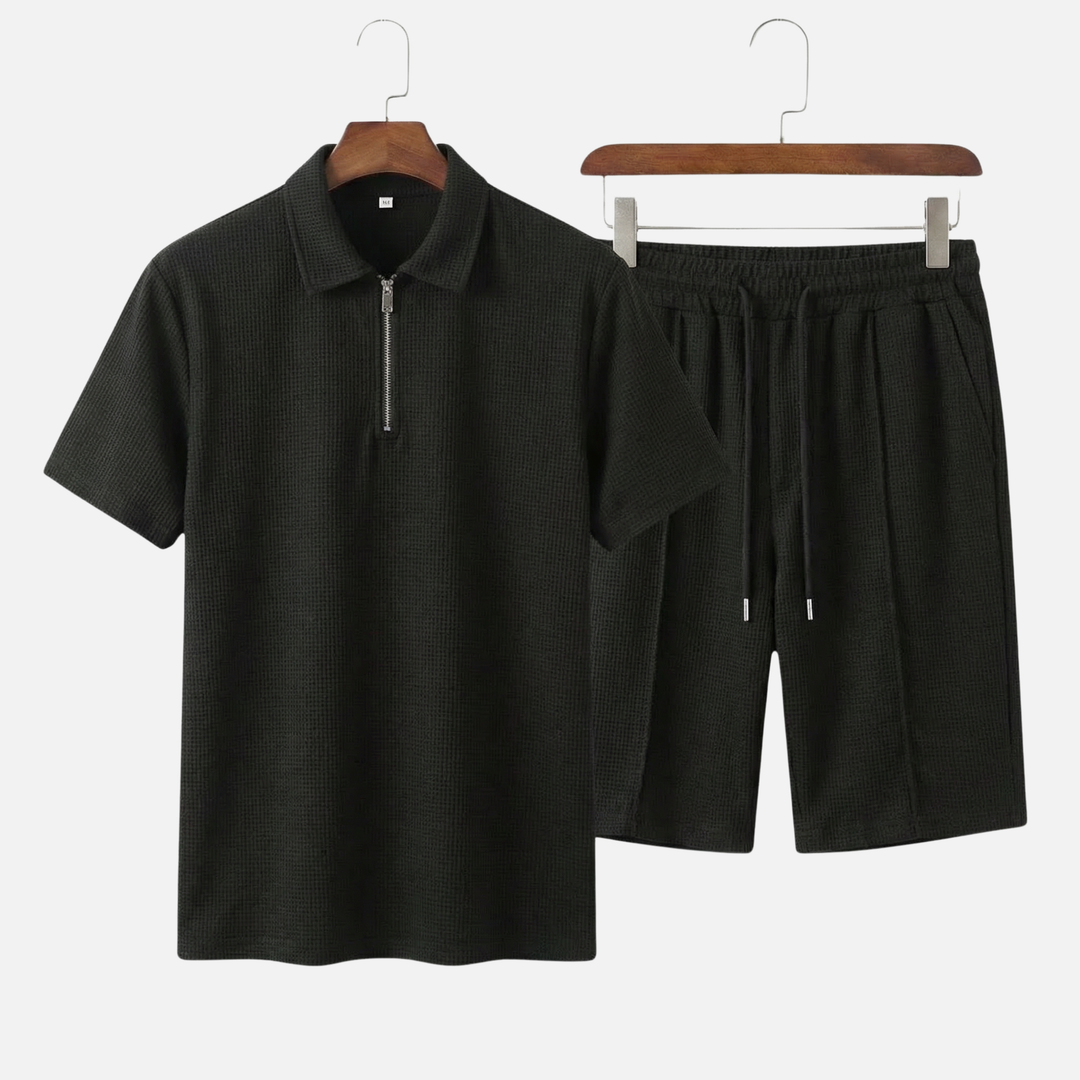 Textured Quarter-Zip Polo Set – Lightweight Summer Shorts for Men