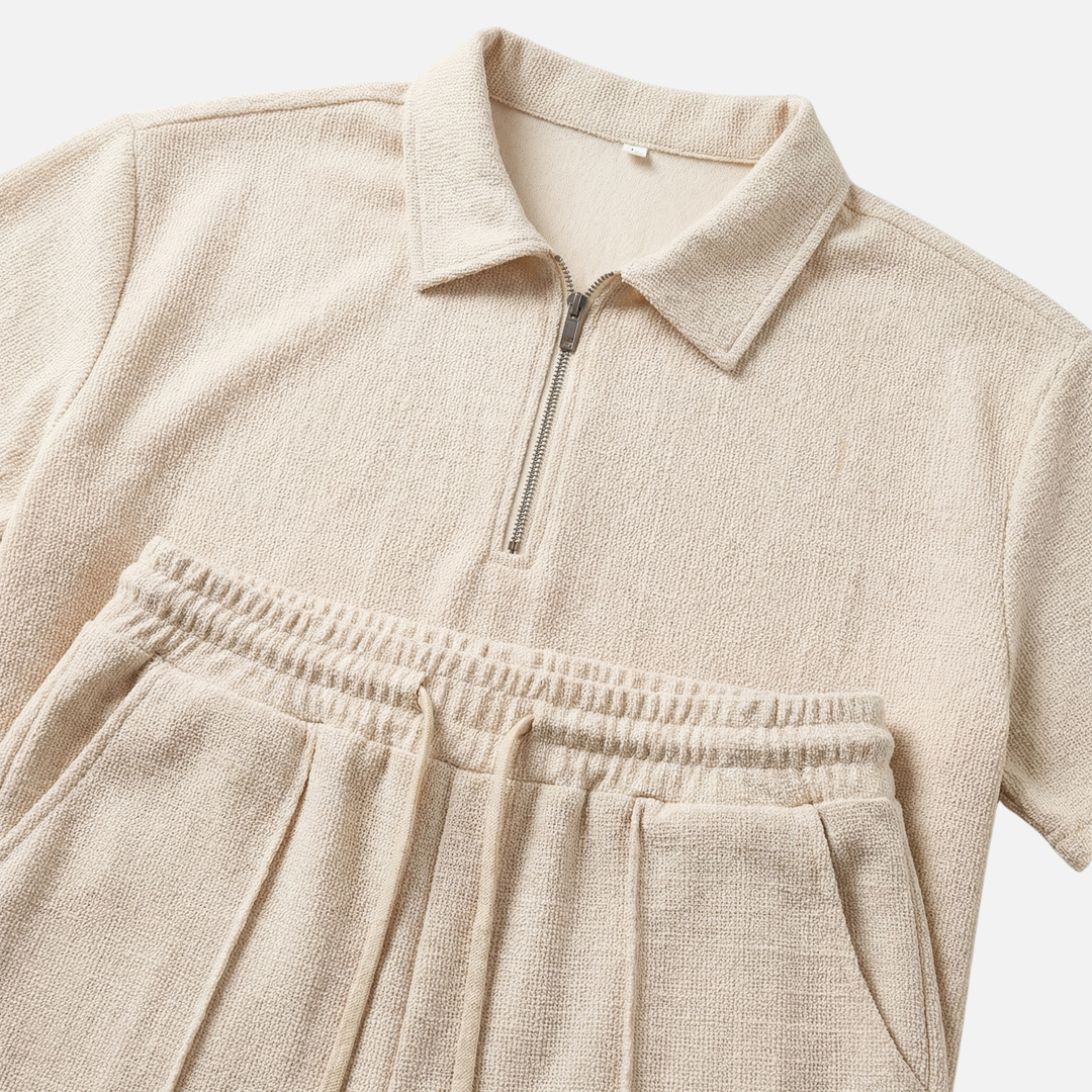 Textured Quarter-Zip Polo Set – Lightweight Summer Shorts for Men