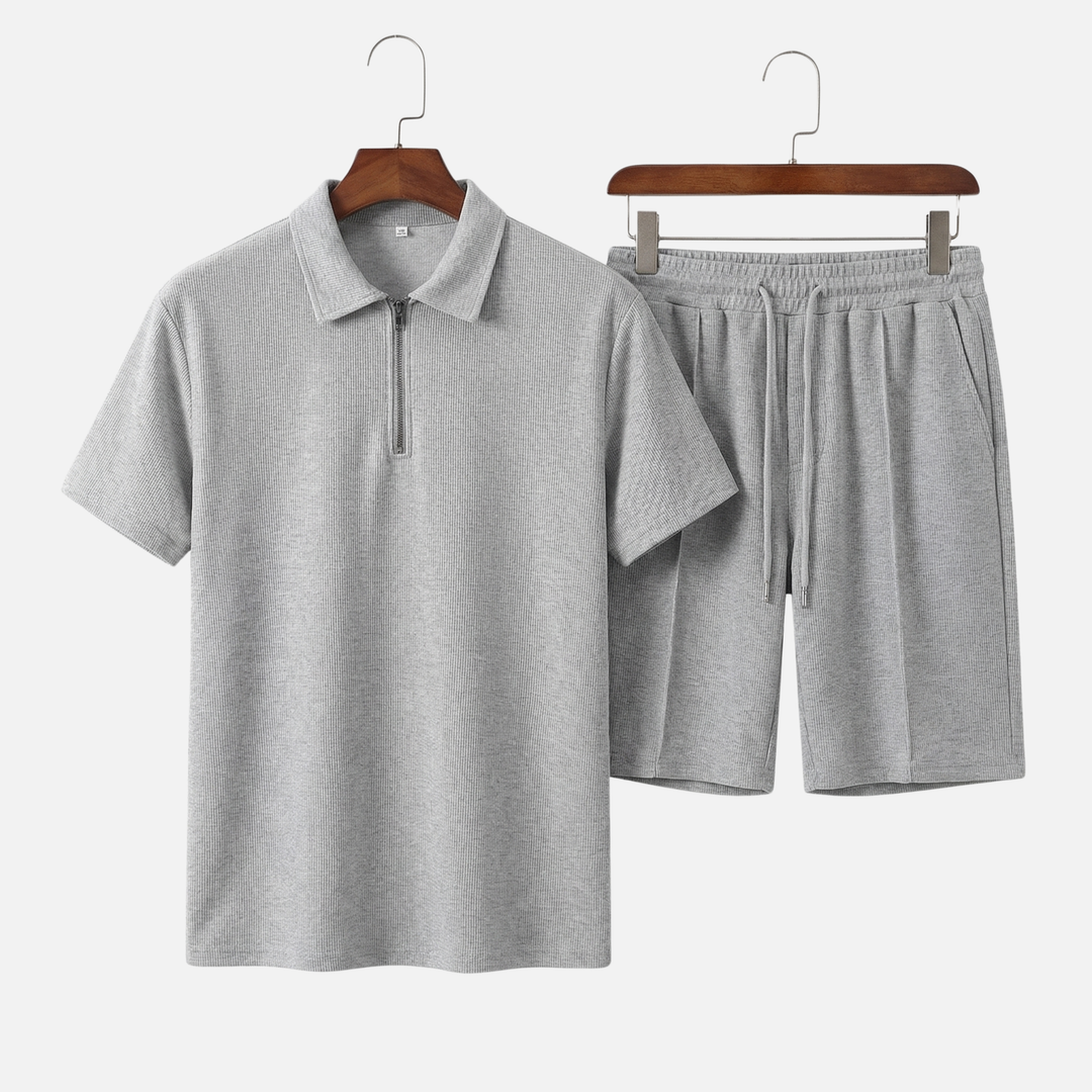 Textured Quarter-Zip Polo Set – Lightweight Summer Shorts for Men