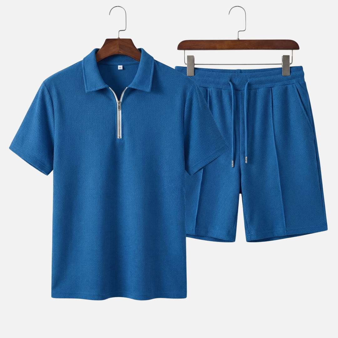 Textured Quarter-Zip Polo Set – Lightweight Summer Shorts for Men