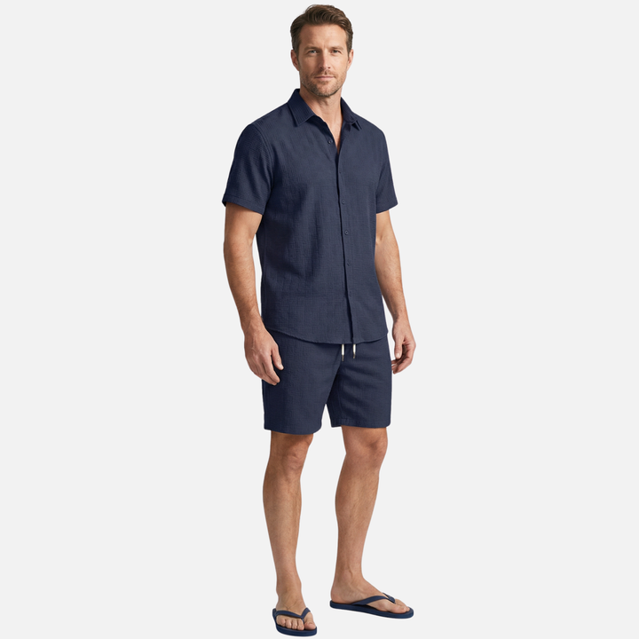Textured Summer Co-ord Set – Slim-Fit Shirt and Shorts for Men