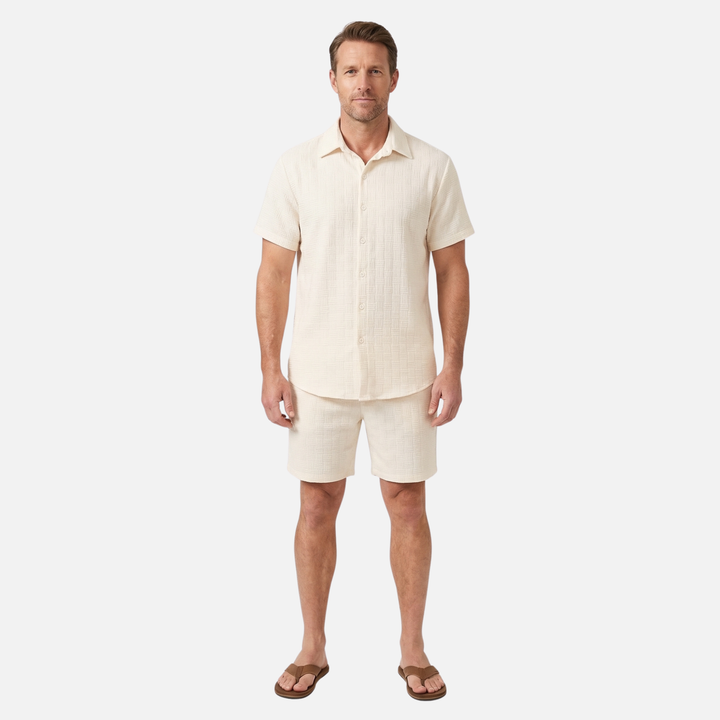 Textured Summer Co-ord Set – Slim-Fit Shirt and Shorts for Men