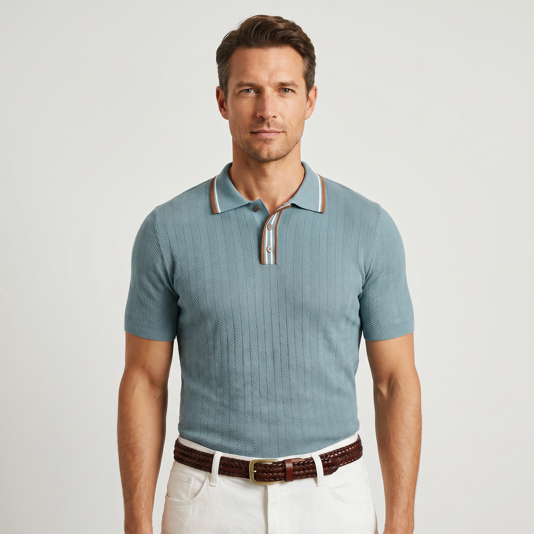 Tipped Knit Polo Shirt with Herringbone Pattern for Men