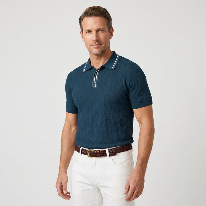Tipped Knit Polo Shirt with Herringbone Pattern for Men