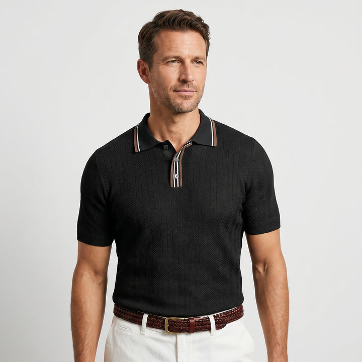 Tipped Knit Polo Shirt with Herringbone Pattern for Men
