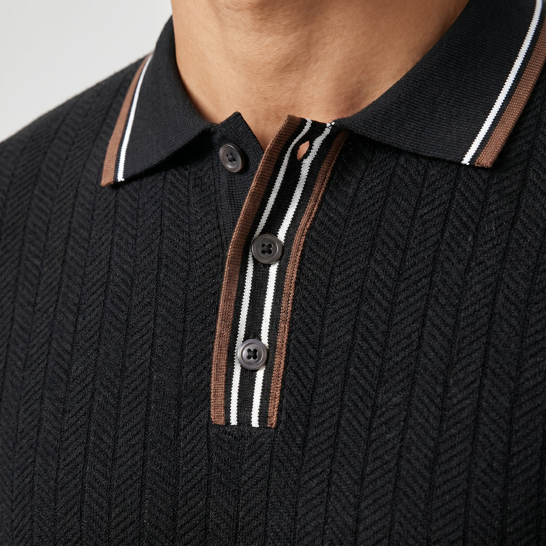 Tipped Knit Polo Shirt with Herringbone Pattern for Men