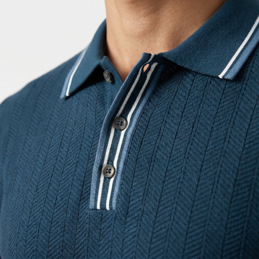 Tipped Knit Polo Shirt with Herringbone Pattern for Men