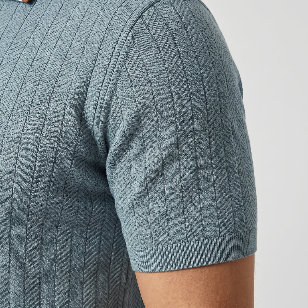 Tipped Knit Polo Shirt with Herringbone Pattern for Men