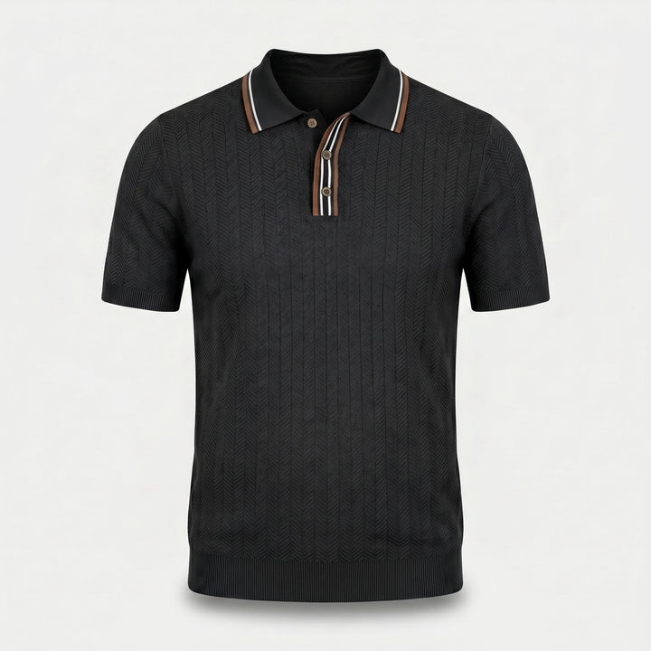 Tipped Knit Polo Shirt with Herringbone Pattern for Men
