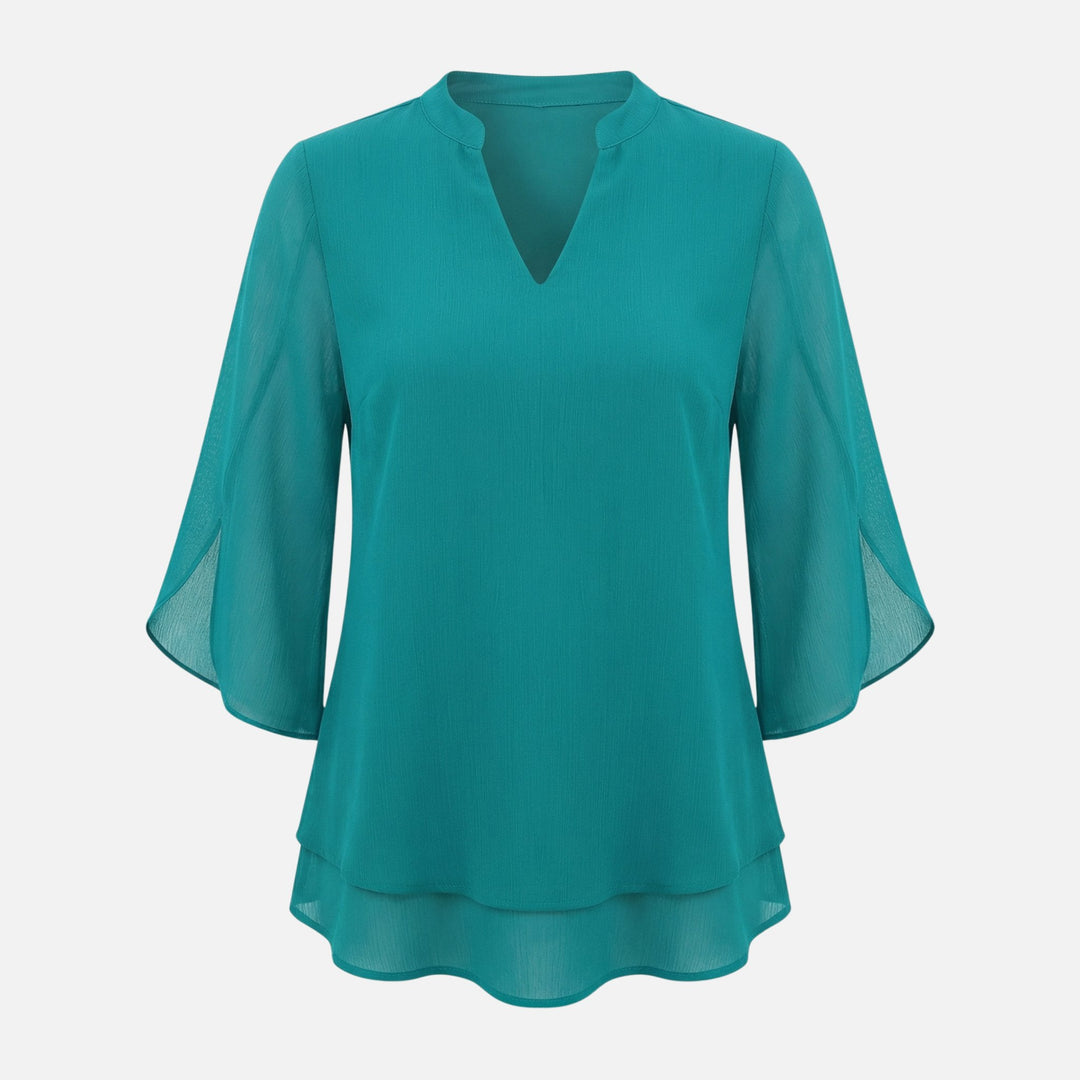 V-Neck Slit Sleeve Tiered Hem Chiffon Top for Women