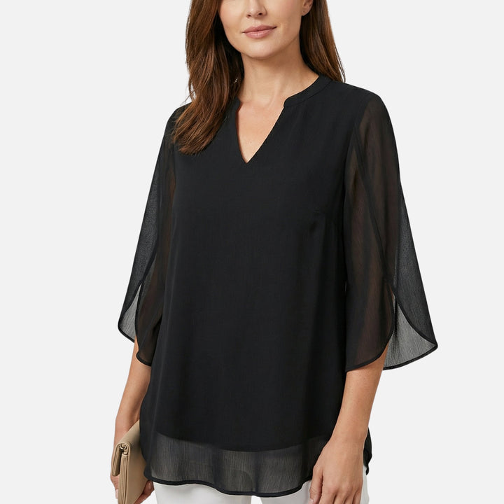 V-Neck Slit Sleeve Tiered Hem Chiffon Top for Women