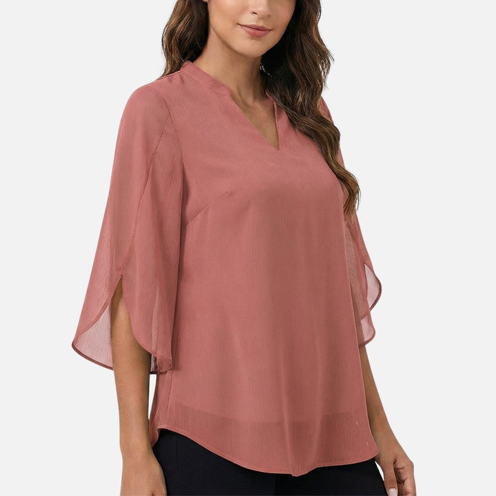 V-Neck Slit Sleeve Tiered Hem Chiffon Top for Women