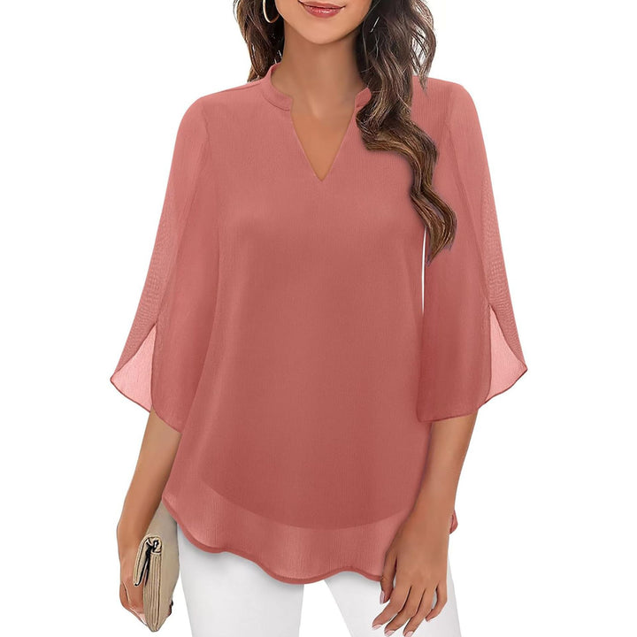 V_Neck_Slit_Sleeve_Tiered_Hem_Chiffon_Top_for_Women_1