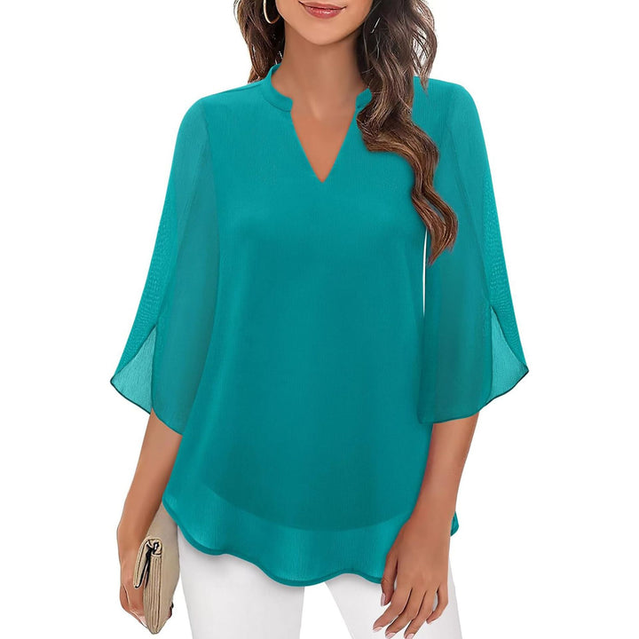 V_Neck_Slit_Sleeve_Tiered_Hem_Chiffon_Top_for_Women_2