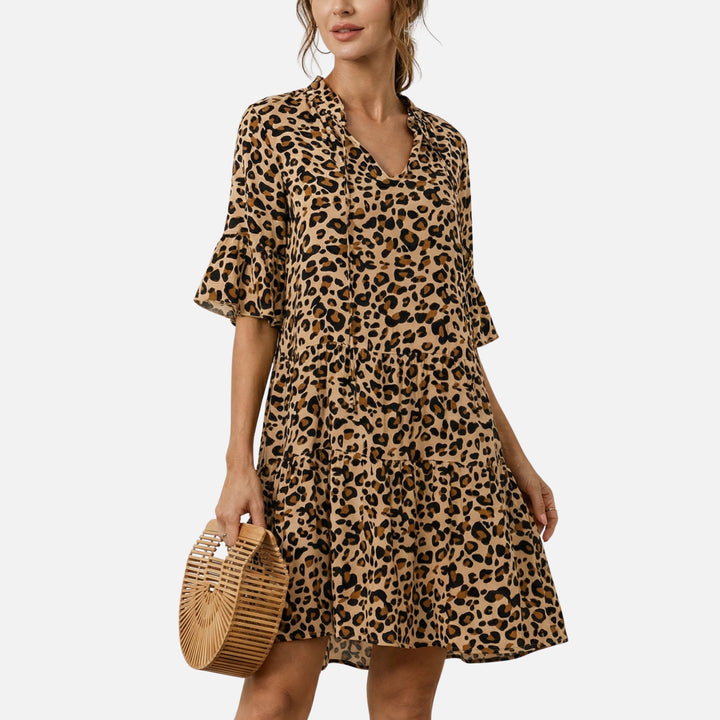 Viscose Midi Dress with Leopard V-Neck for Women