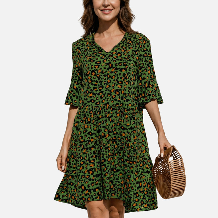 Viscose Midi Dress with Leopard V-Neck for Women