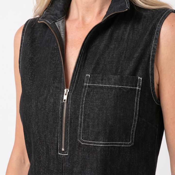 Combinaison en Jean pour Femme – Sans Manches, Jambes Larges et Zip Frontal