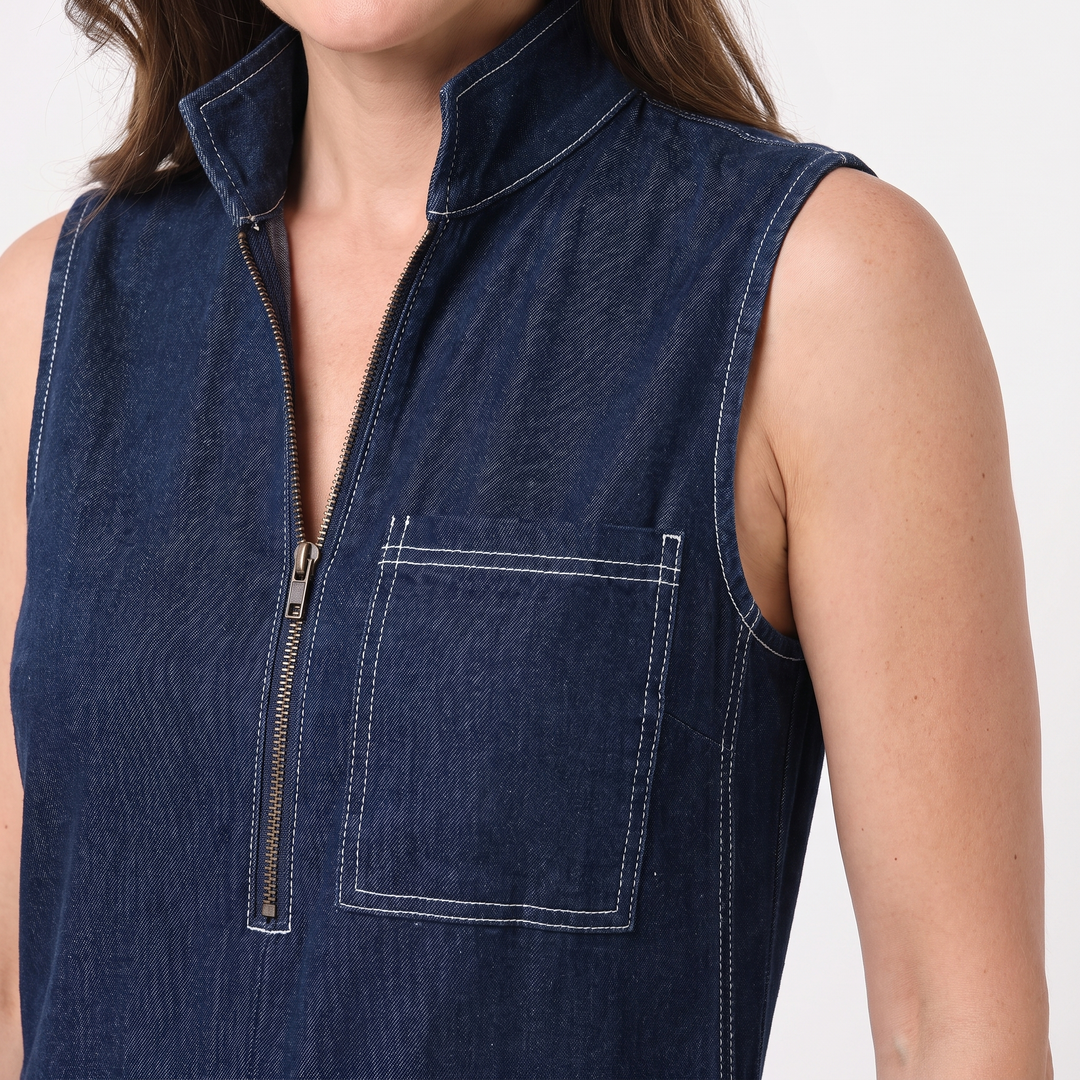 Combinaison en Jean pour Femme – Sans Manches, Jambes Larges et Zip Frontal