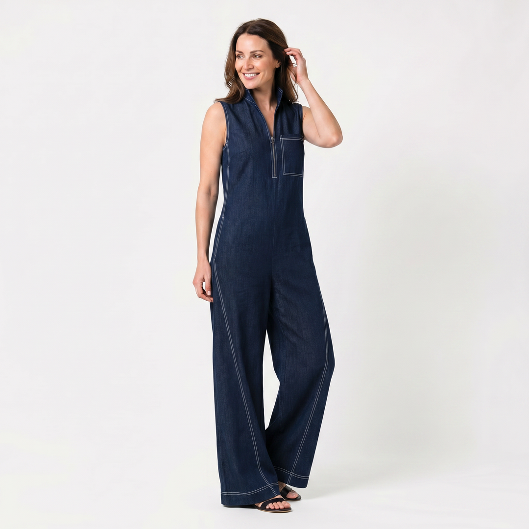 Combinaison en Jean pour Femme – Sans Manches, Jambes Larges et Zip Frontal