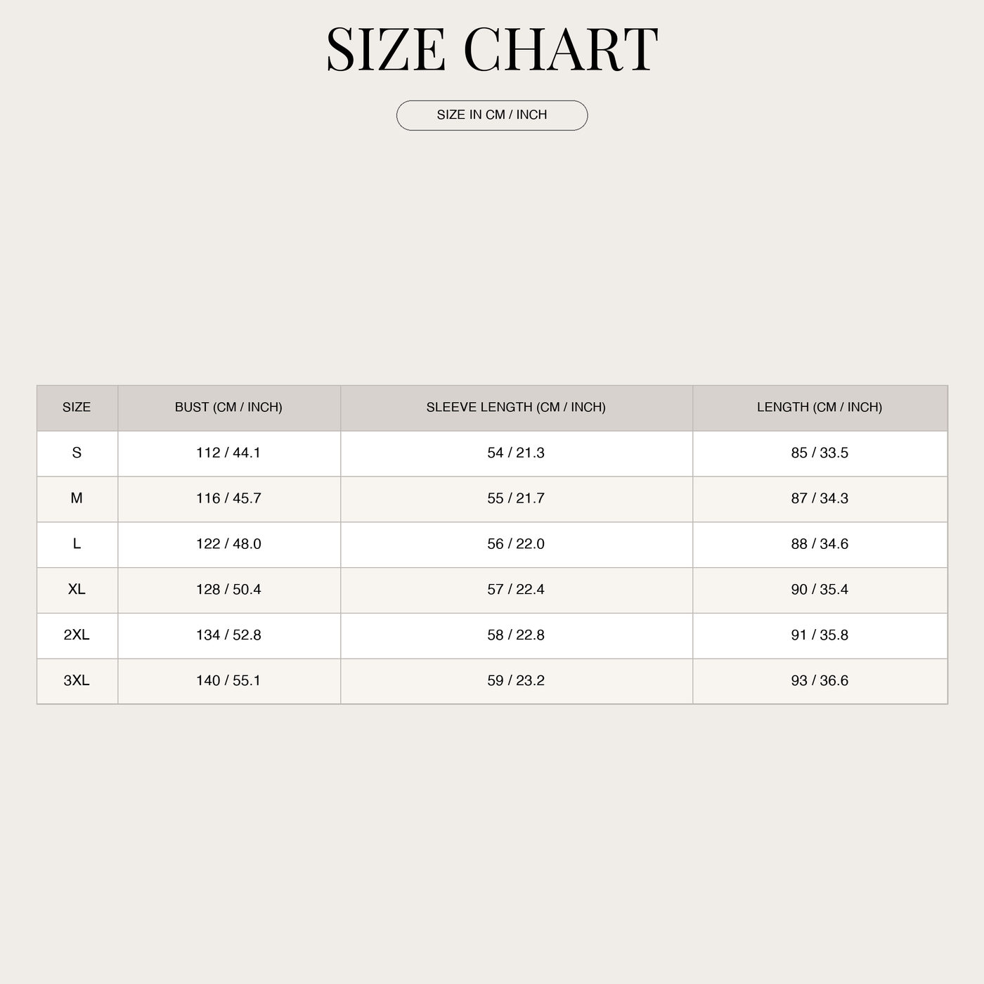 Women's Hooded Winter Coat – Thick with Warm Lining size chart