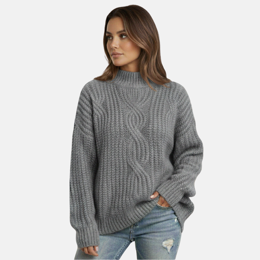 Textured Knit Sweater with Ribbed High Neckline for Women