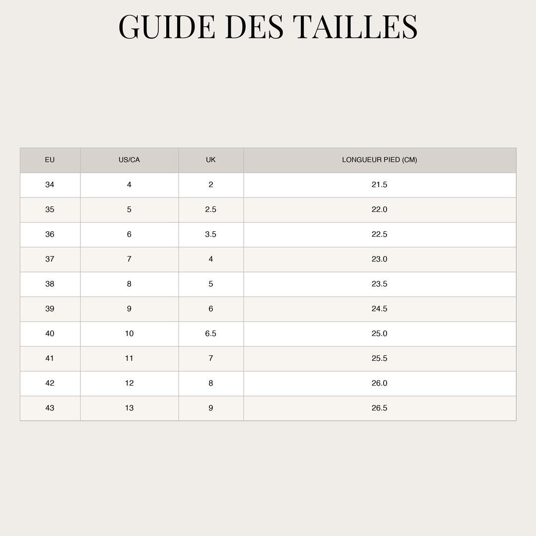 Bottes Souples pour Femme – Bout Pointu et Montantes size chart