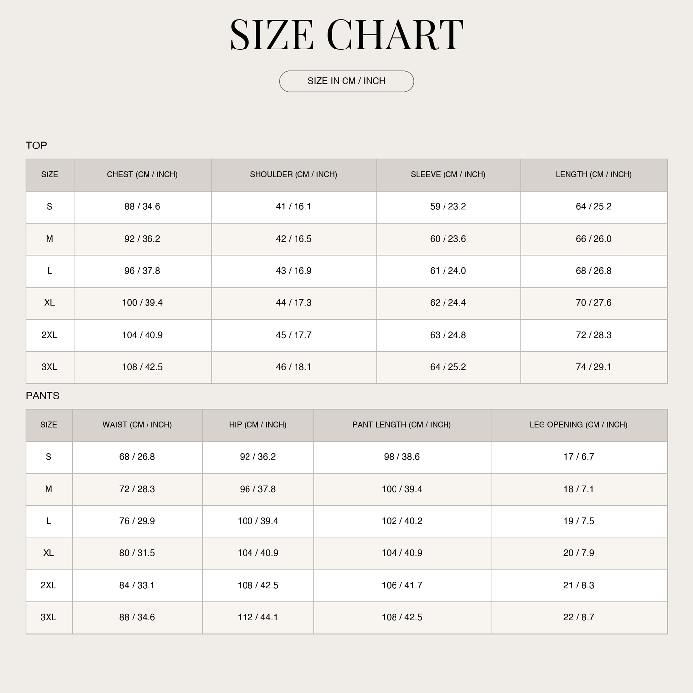 Women's Tailored Set – Blazer and Trouser Combination size chart