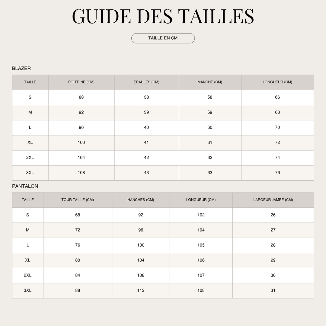 Ensemble blazer deux pièces pour Femme – Sophistiqué size chart