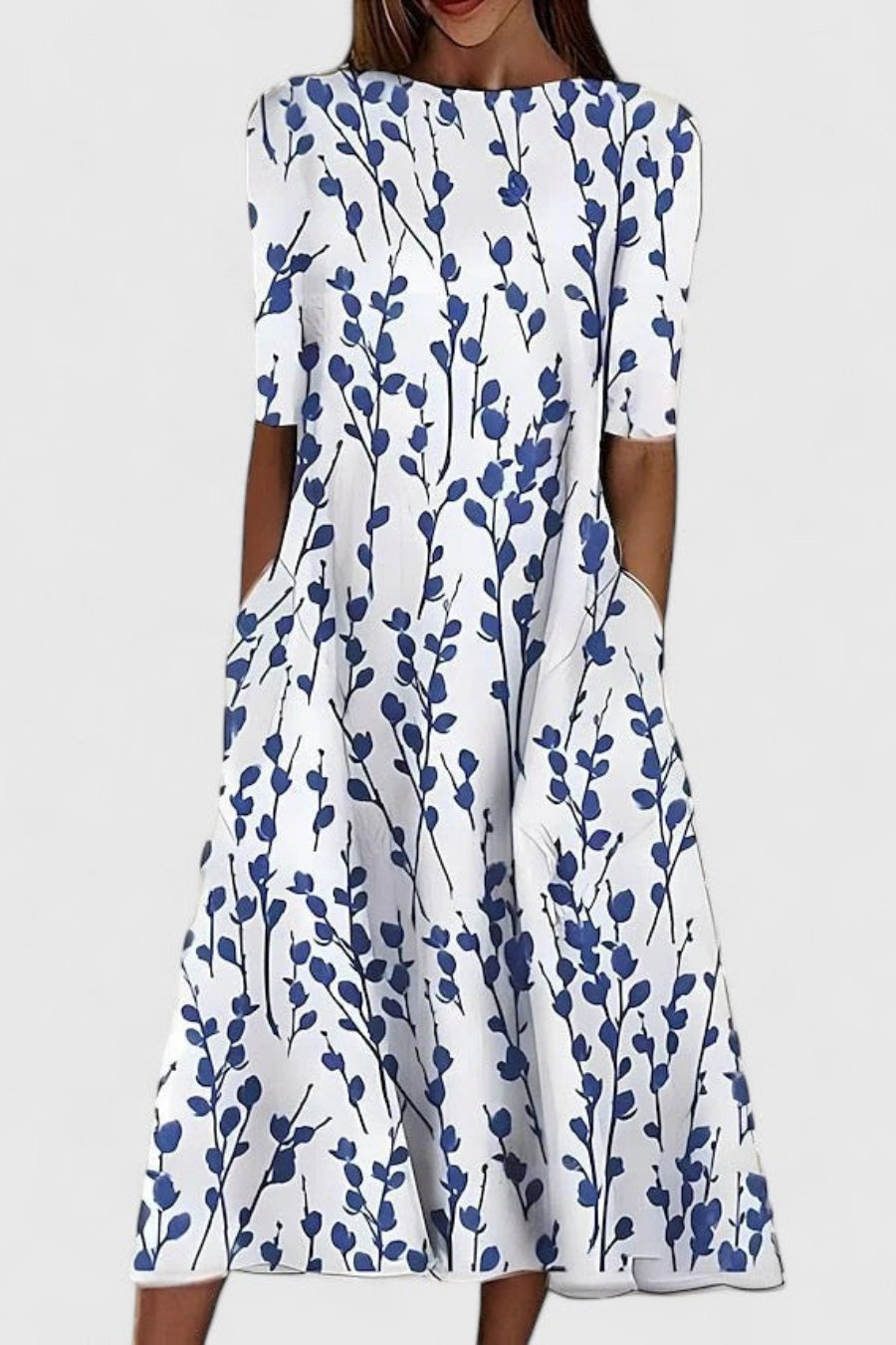 Womens_Cotton_Midi_Dress_A_Line_Cut_with_Short_Sleeves_1