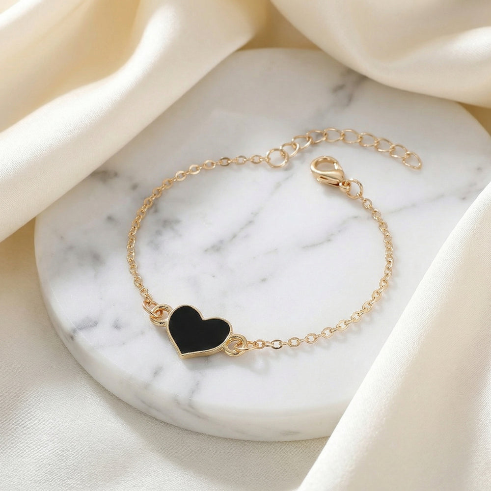 Women's Delicate Bracelet – With Heart Pendant from Gold-Colored Chain and Black Charm 1