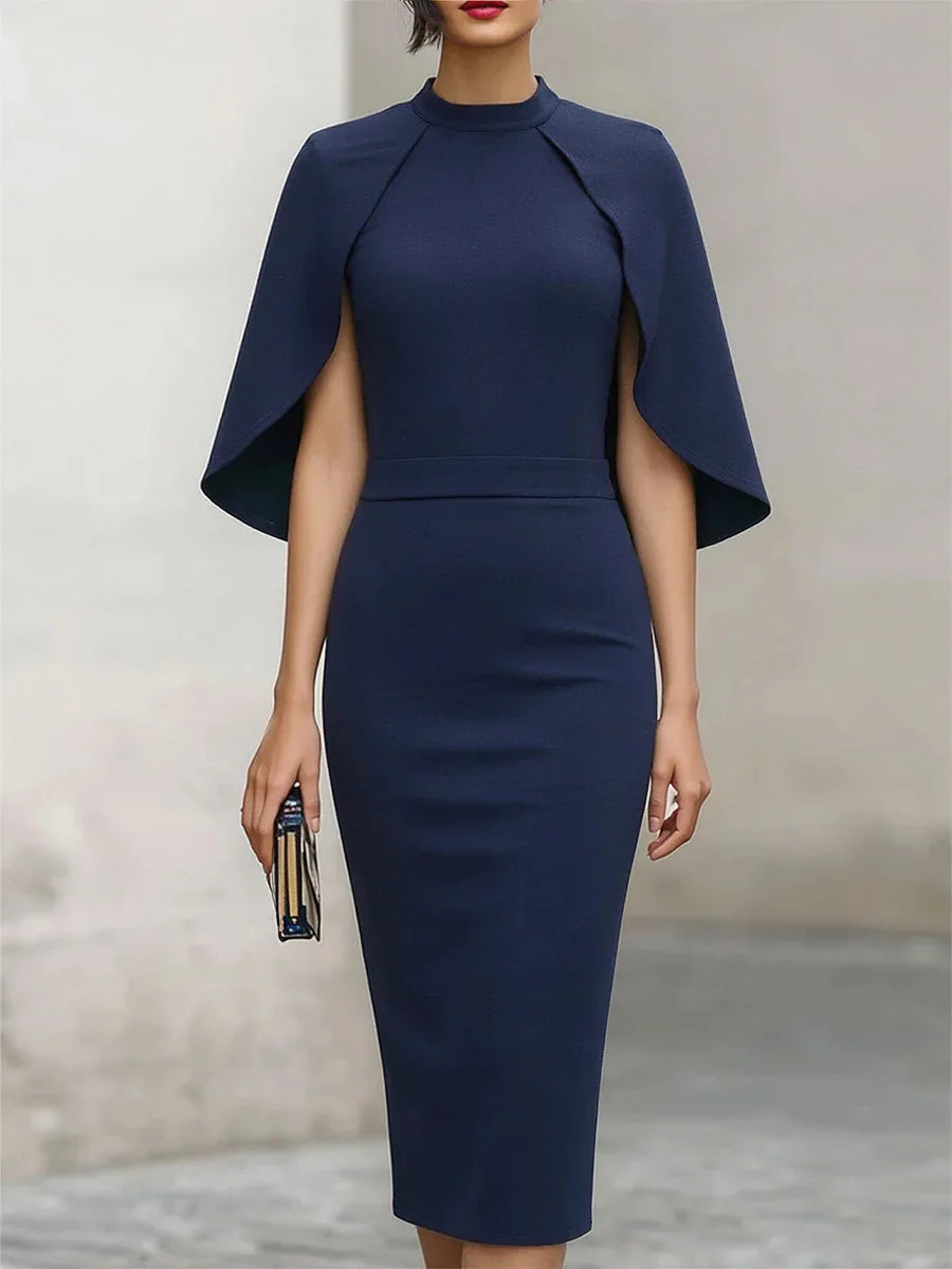 Womens_Elegant_Cape_Sleeve_Dress_Festive_with_Unique_Sleeve_Design_2
