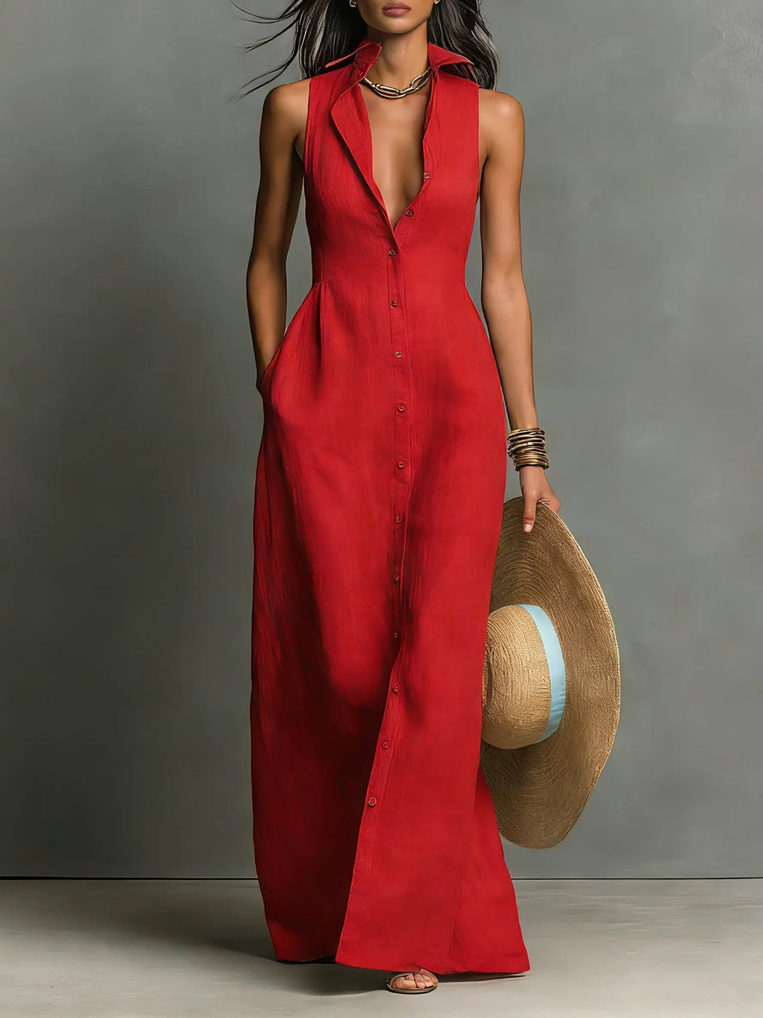 Womens_Elegant_Linen_Maxi_Shirt_Dress_Sleeveless_and_with_Button_1