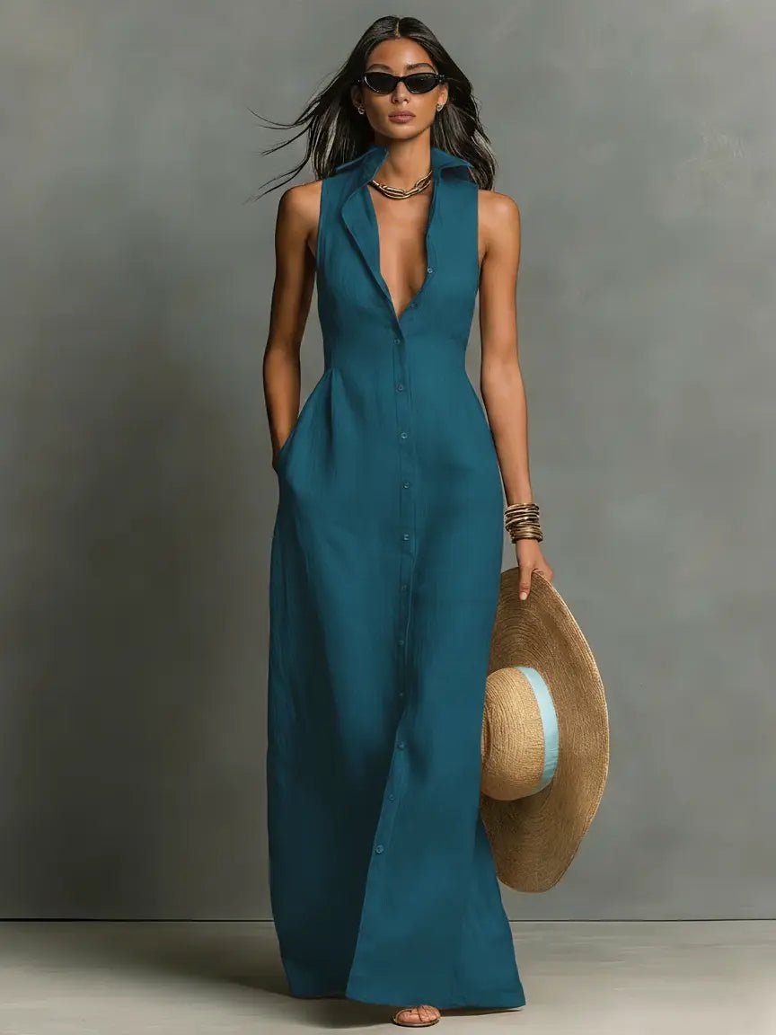 Womens_Elegant_Linen_Maxi_Shirt_Dress_Sleeveless_and_with_Button_3