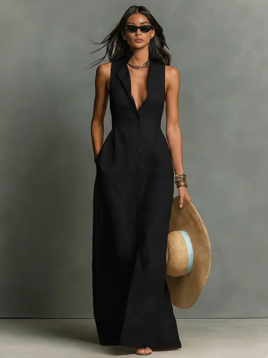 Womens_Elegant_Linen_Maxi_Shirt_Dress_Sleeveless_and_with_Button_4