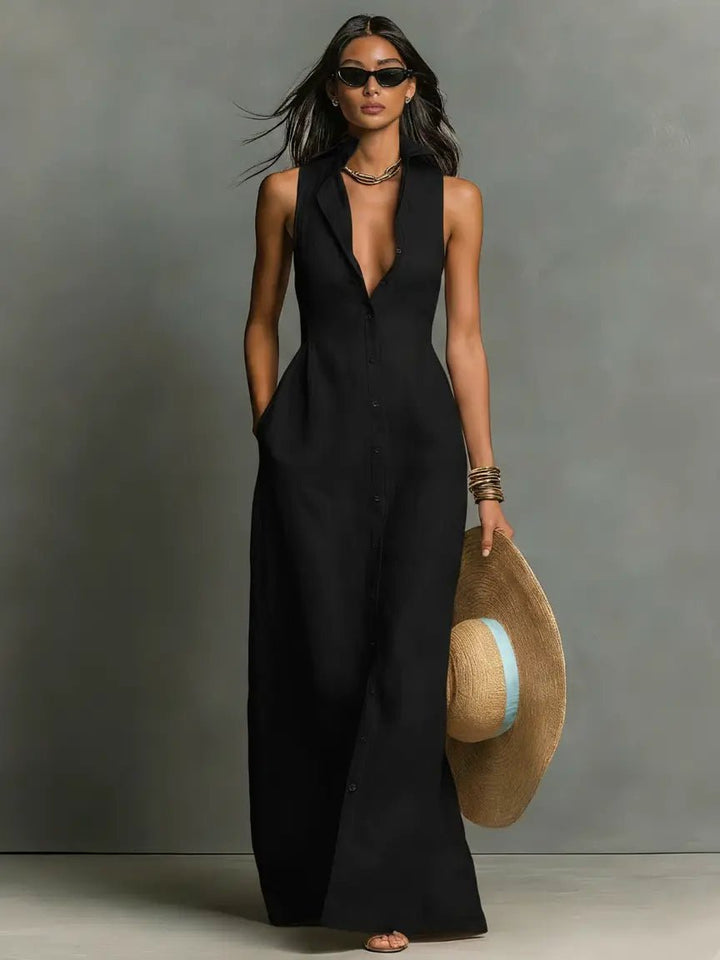 Womens_Elegant_Linen_Maxi_Shirt_Dress_Sleeveless_and_with_Button_4