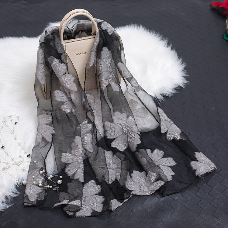 Women's Elegant Silk Scarf – Featuring a Cut Flower and Hollow Pattern Design 1