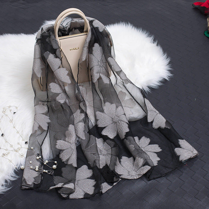 Women's Elegant Silk Scarf – Featuring a Cut Flower and Hollow Pattern Design 1