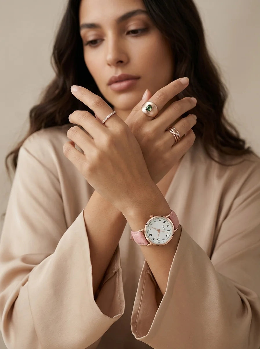 Women's Elegant Wristwatch – With a Rose Gold-Colored Case and a Soft Suede-Design Strap 9