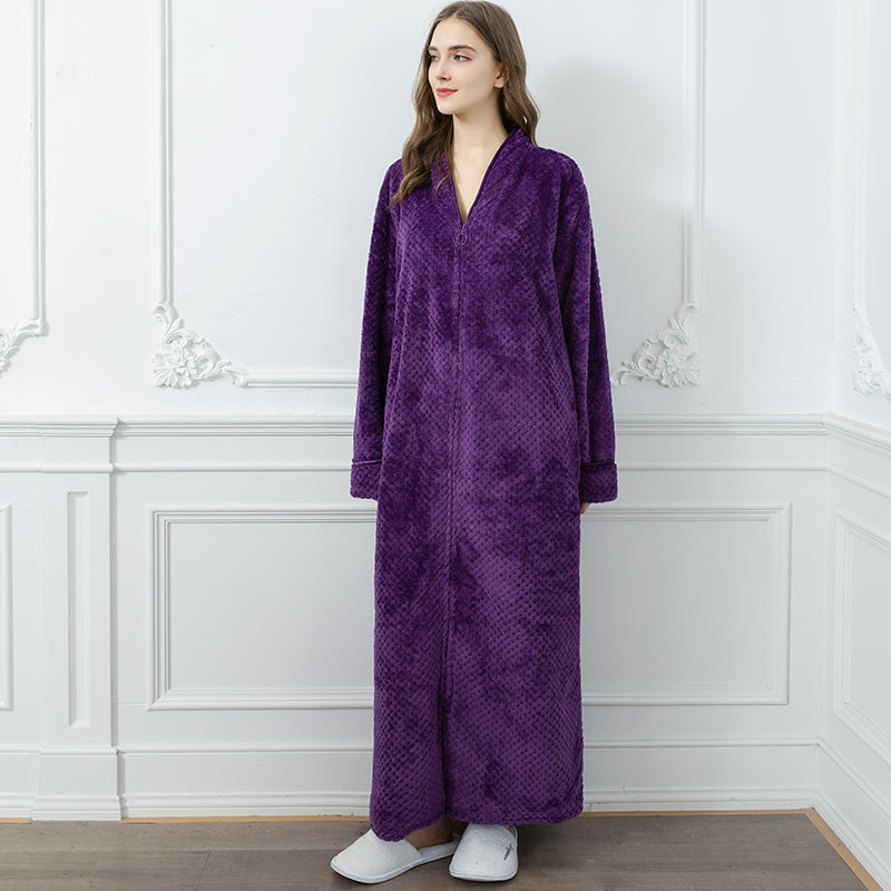 Women's Extra Warm Flannel Bathrobe – Long Design with Front Zipper Closure 8