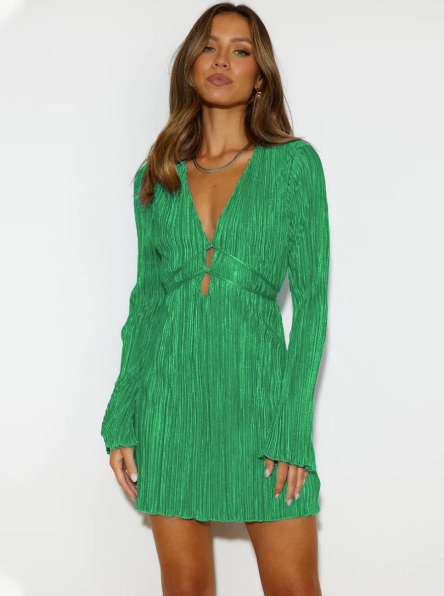 Womens_Fitted_Mini_Dress_Pleated_V_neck_with_Laces_6