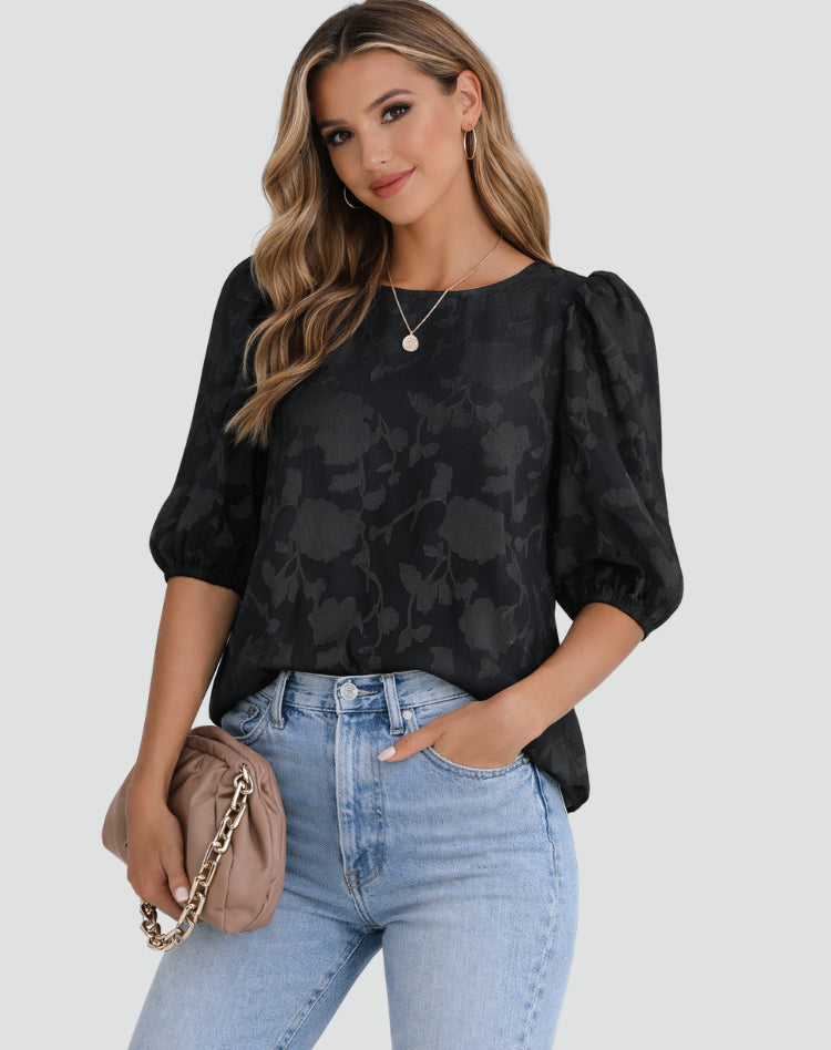 Womens_Floral_Blouse_3_4_Puff_Sleeves_with_Soft_Drape_5