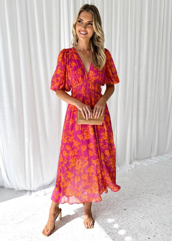 Womens_Floral_Midi_Dress_With_Puff_Sleeves_and_V_Neck_1